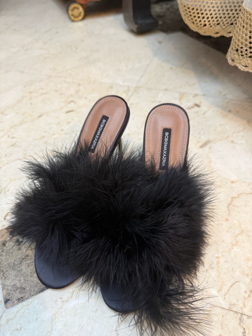 Black Feathered Slide Mules Women’s BCBMaxazria Dennika Sandal Black